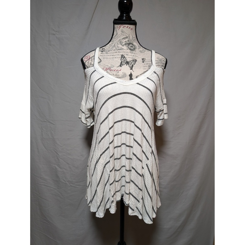 Vestique White Black Striped Cold Shoulder Flowy Swing Top Women's Medium
